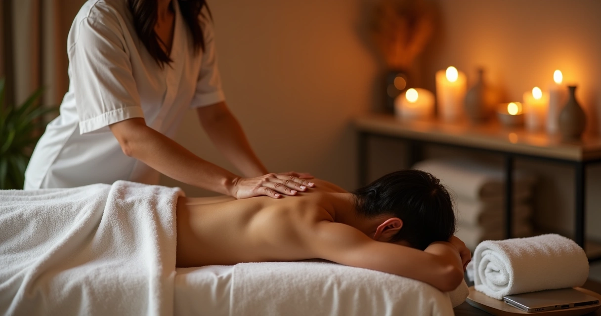 Profissional realizando massagem sensorial em ambiente íntimo e seguro 