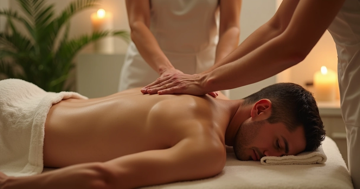 Homem recebendo massagem relaxante em ambiente tranquilo e seguro, com iluminação suave e técnica profissional 