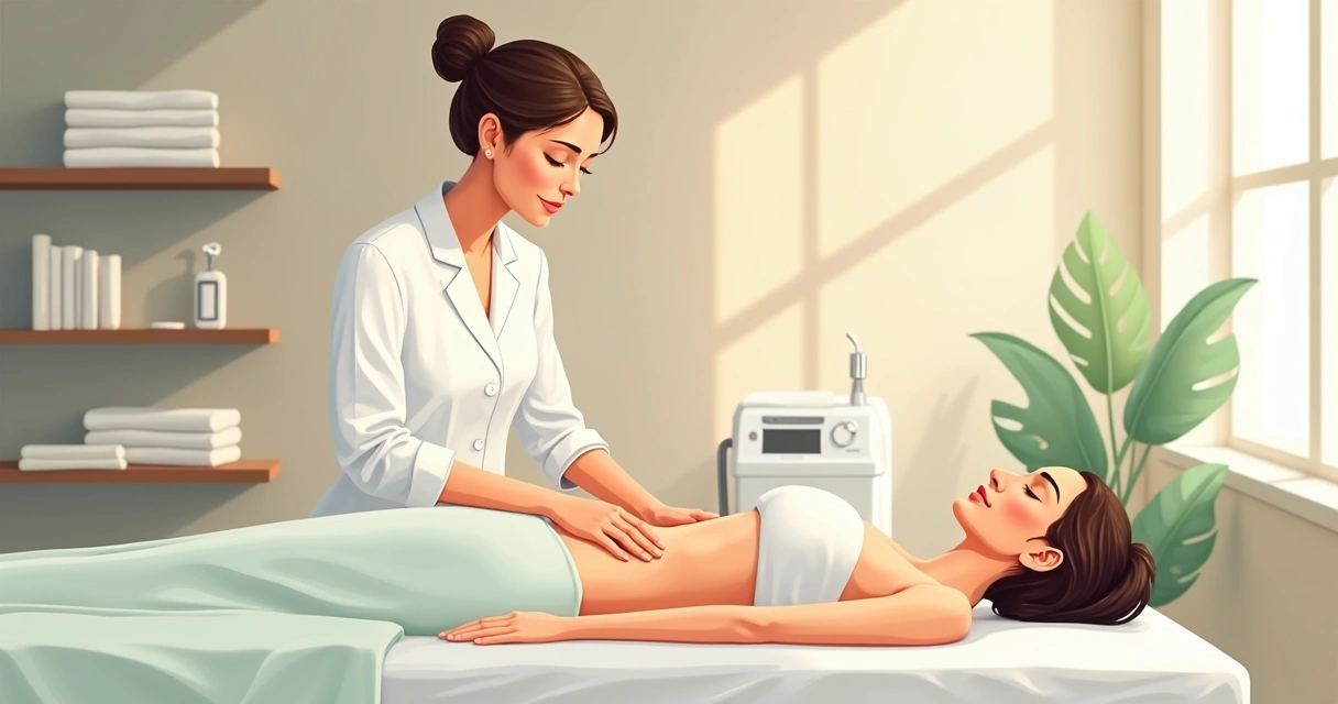 Profissional realizando drenagem suave no abdômen em ambiente clínico 