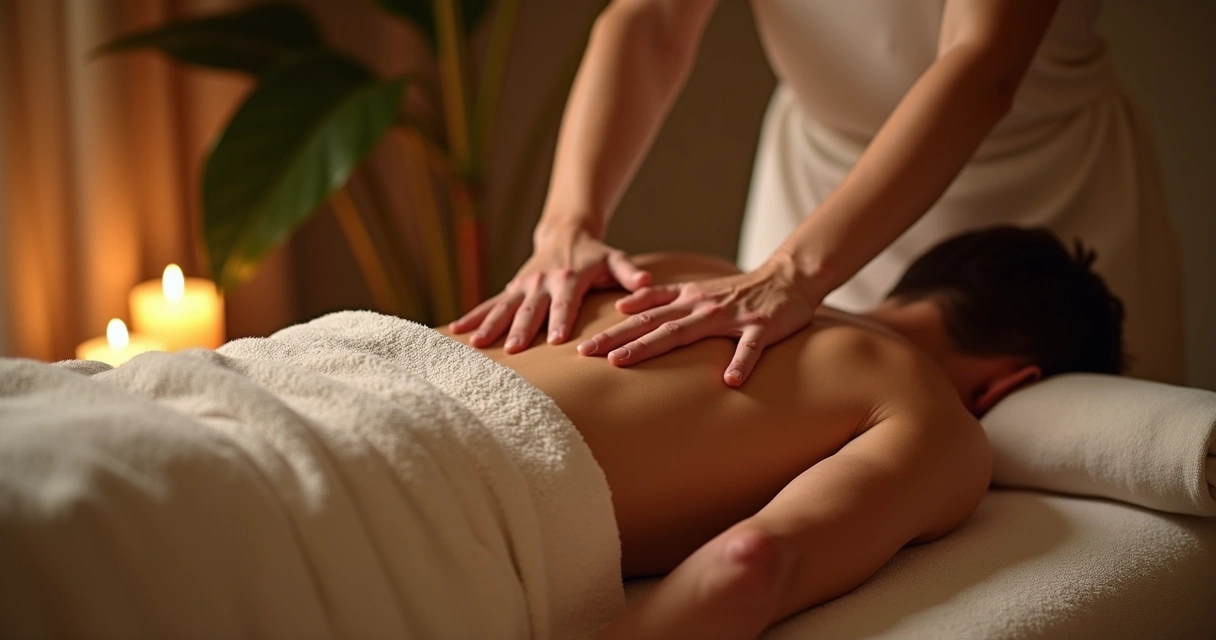 Homem deitado recebendo massagem terapêutica na região do baixo ventre em ambiente acolhedor e discreto 