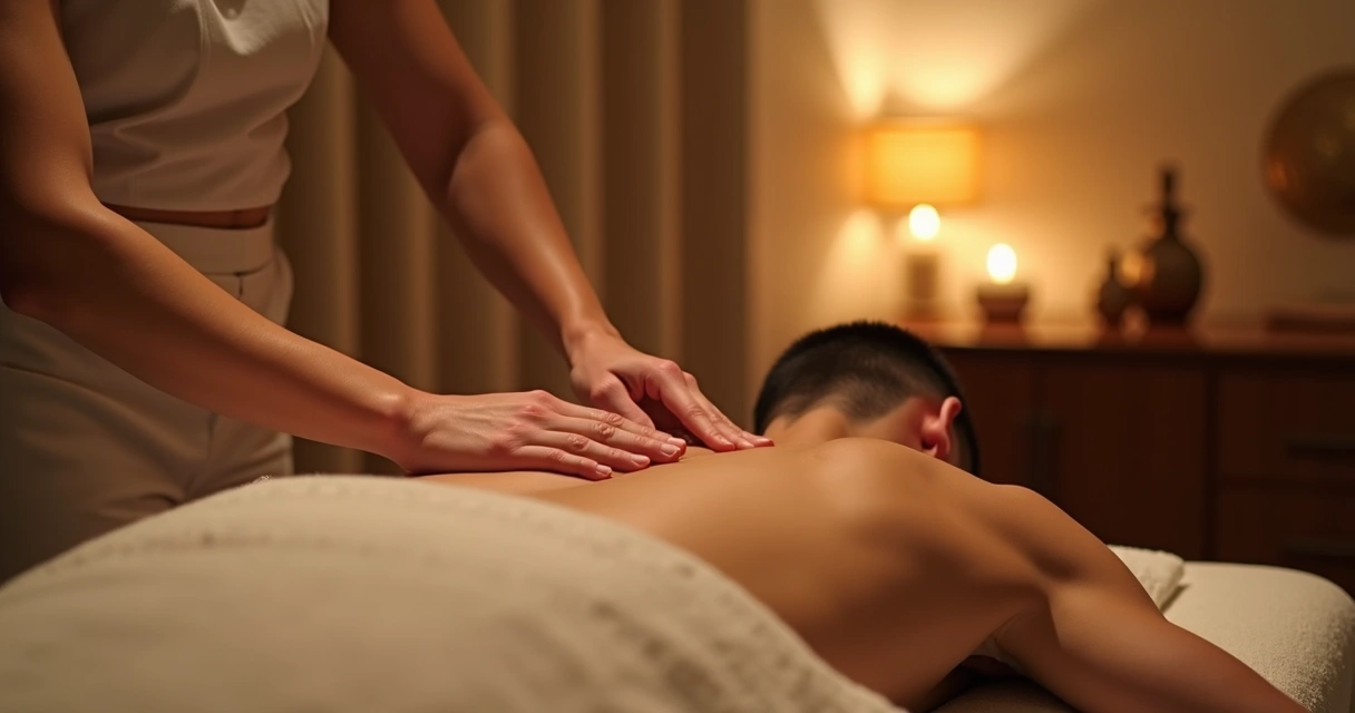 Mãos de um terapeuta realizando massagem lingam em ambiente acolhedor 