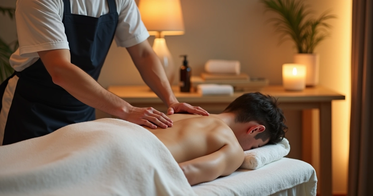 Profissional realizando massagem lingam em ambiente relaxante e seguro com iluminação suave e óleos essenciais 