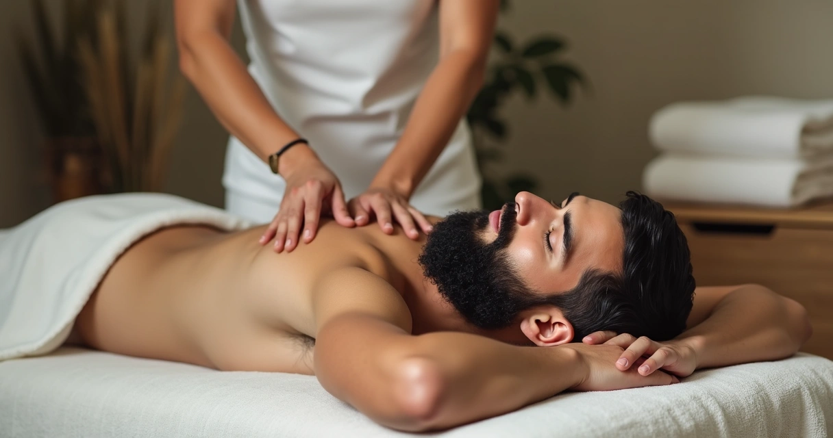 Homem recebendo massagem profissional em um ambiente relaxante 