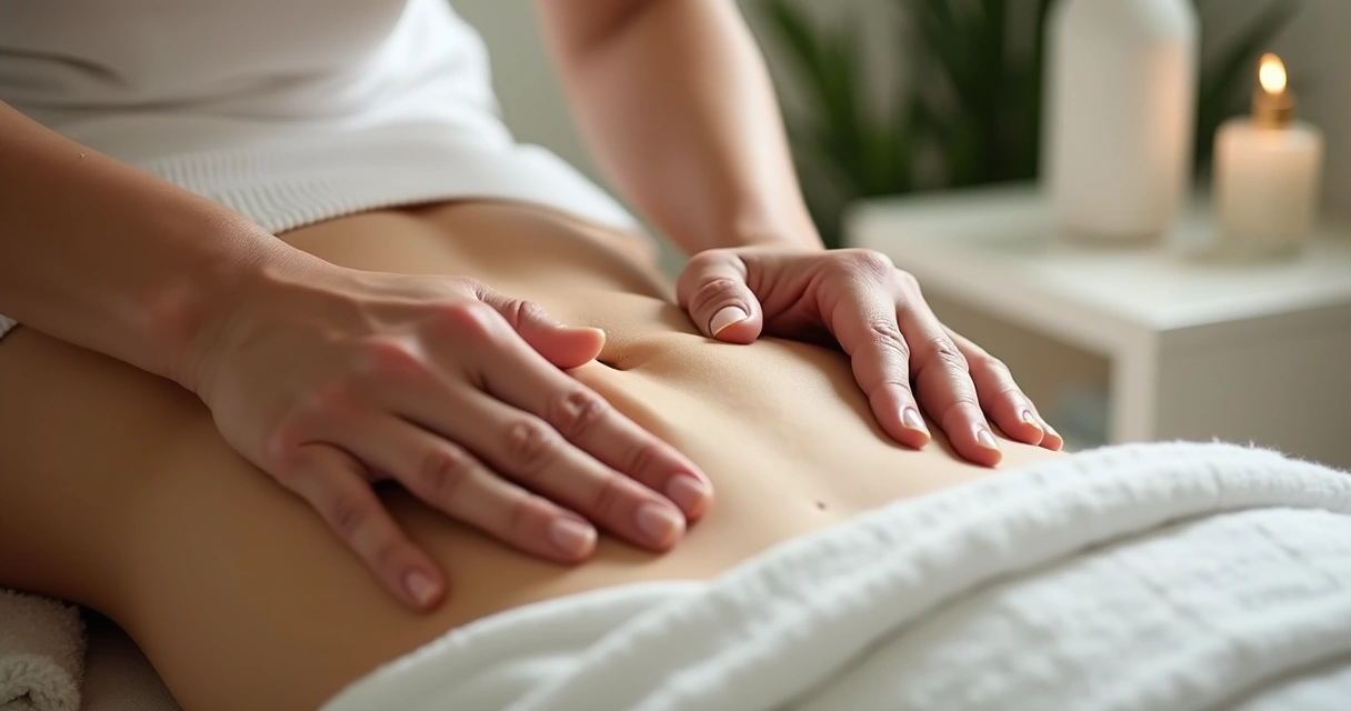 Profissional aplicando massagem modeladora em região abdominal 