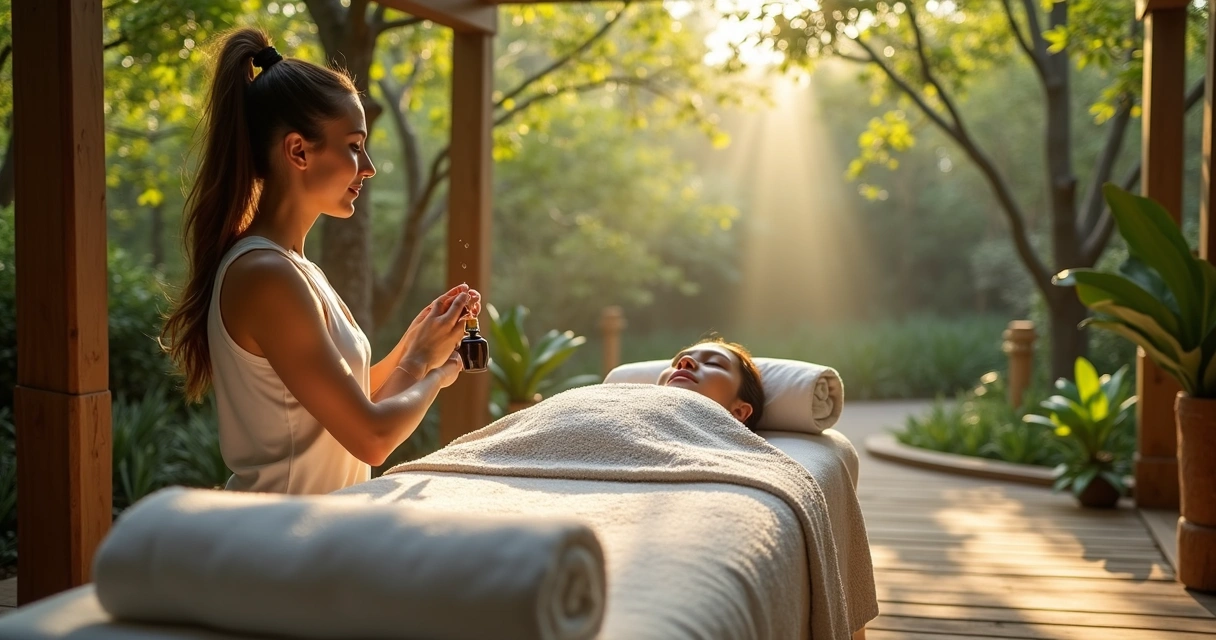 Massagem ao ar livre integrada ao jardim 