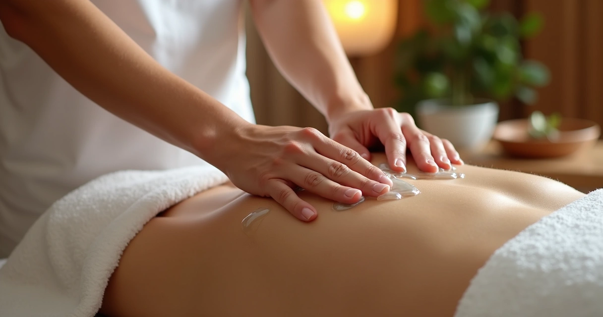 Massagista aplicando gel aquoso para massagem nuru em ambiente acolhedor com iluminação suave 