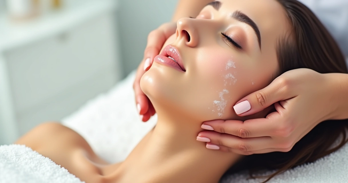 Pessoa recebendo massagem facial com creme estimulante, close do rosto 
