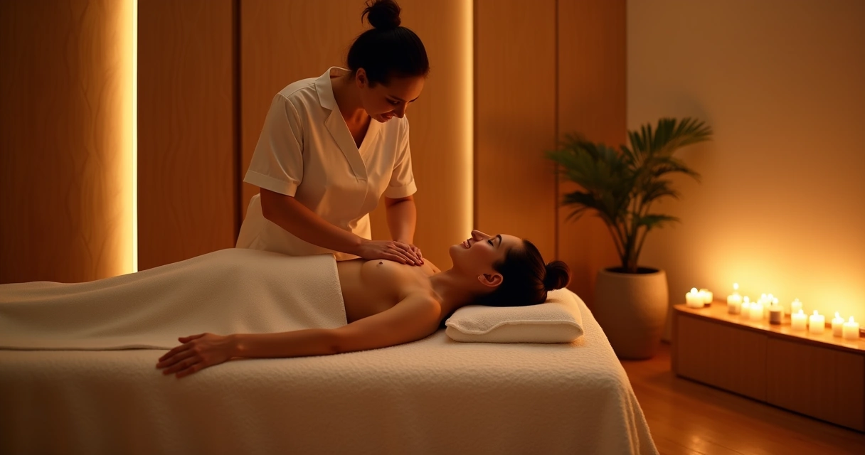 Ambiente tranquilo com massagista aplicando massagem sensual em cliente em espaço acolhedor e iluminado 