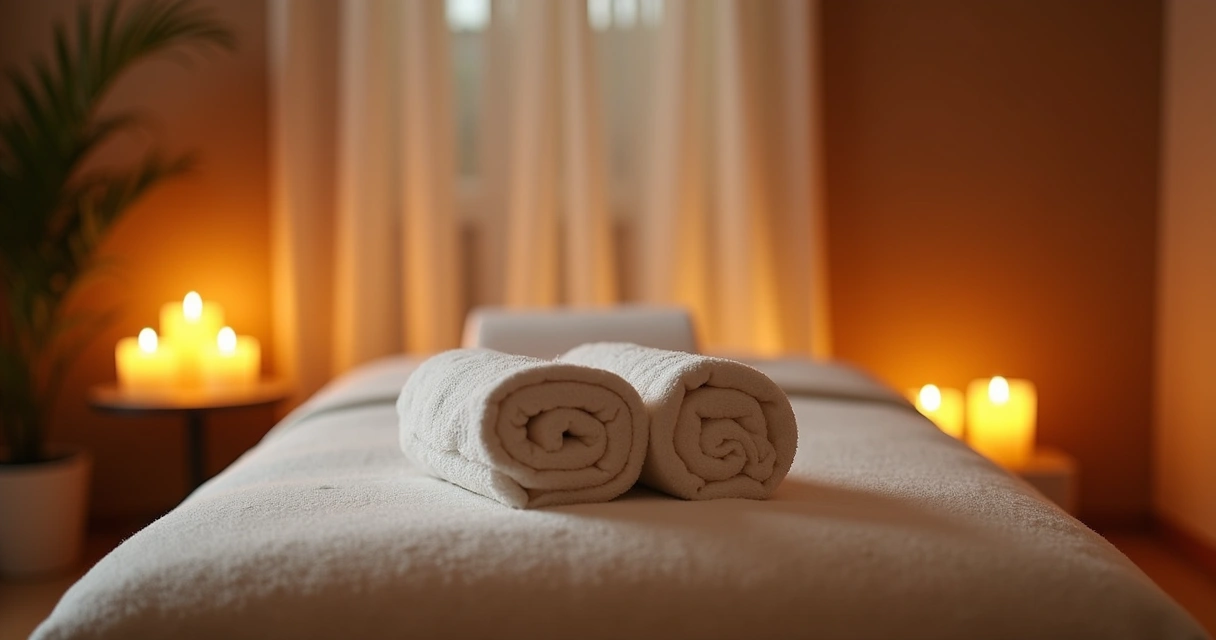 Ambiente tranquilo para massagem tântrica com velas acesas, toalha branca e iluminação suave 