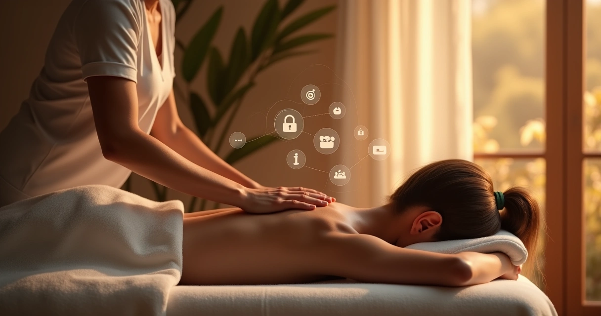 Profissional realizando massagem tântrica em ambiente acolhedor, com iluminação suave e elementos digitais gráficos ao fundo simbolizando tecnologia e privacidade 