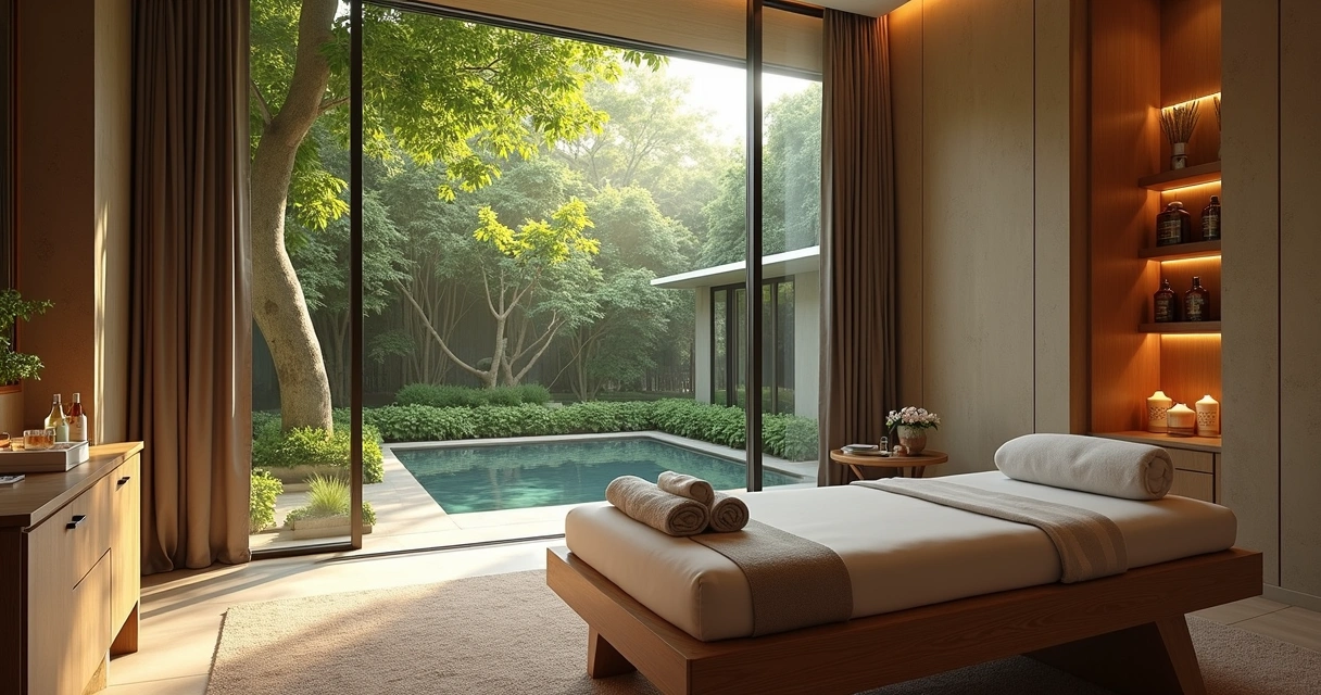 Área de massagem em spa de arquitetura moderna com vista para jardim natural 
