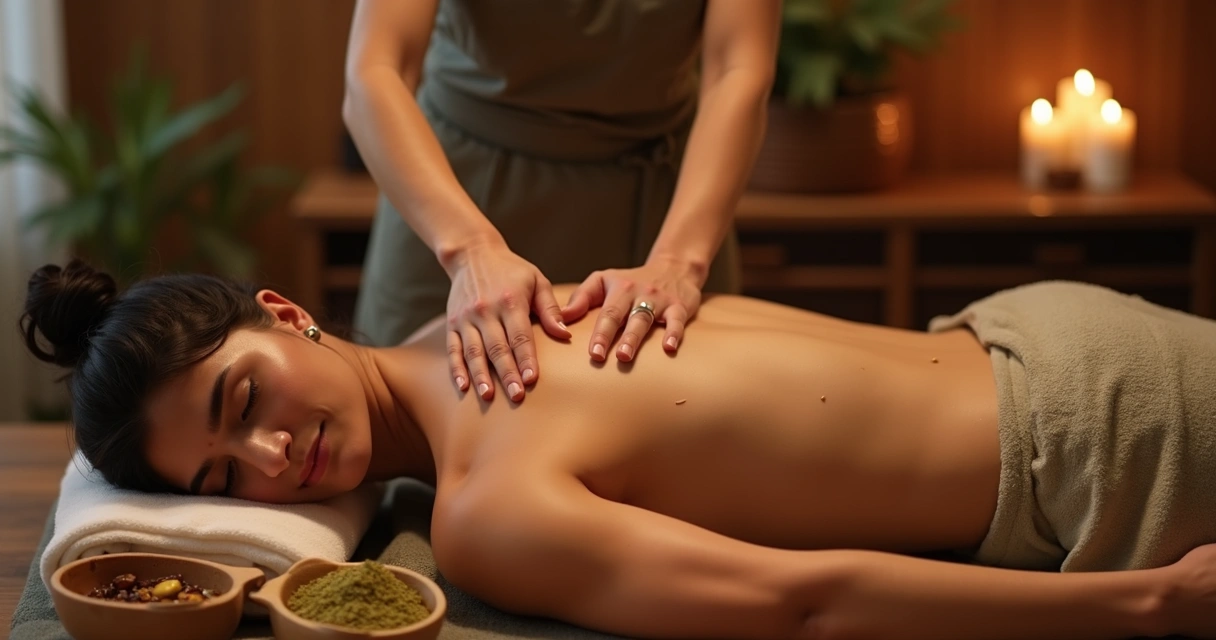 Massagista aplicando óleos aquecidos nas costas de cliente durante sessão ayurvédica 
