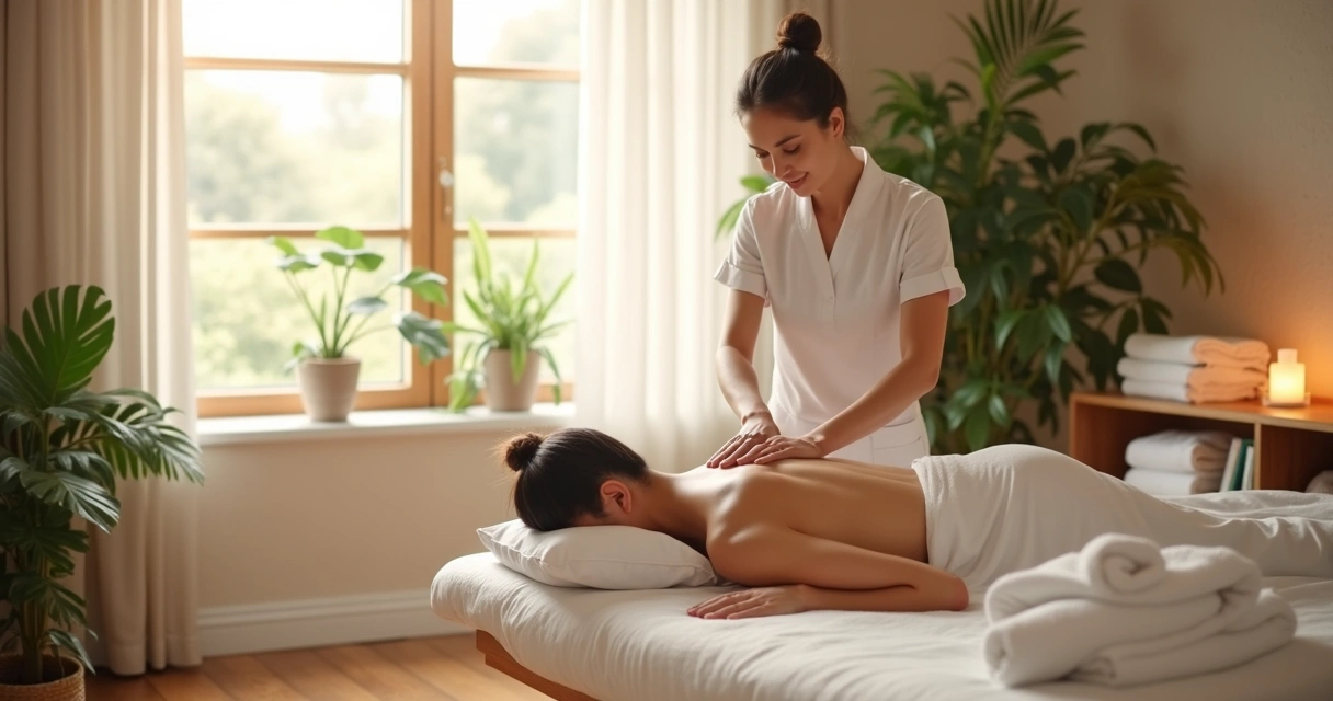 Massagista profissional atendendo cliente em ambiente harmonioso e iluminado 