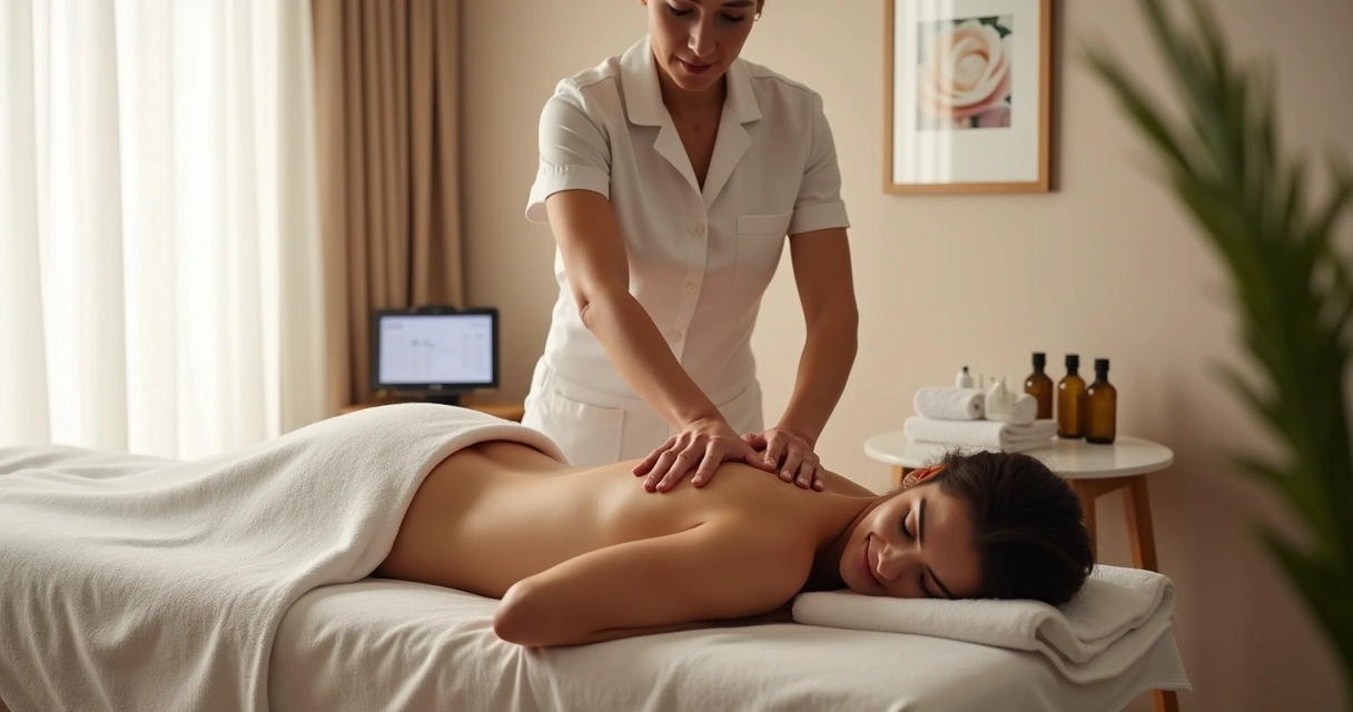Massagista profissional atendendo cliente em ambiente tranquilo e bem iluminado com equipamentos de massagem 