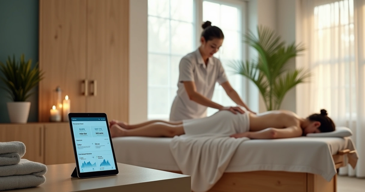 Massagista profissional realizando massagem em ambiente moderno com tecnologia digital ao fundo 