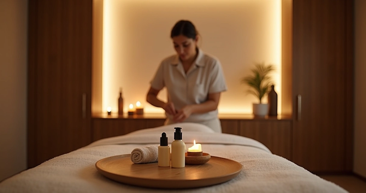 Sala de massagem com profissional e cliente em clima acolhedor 