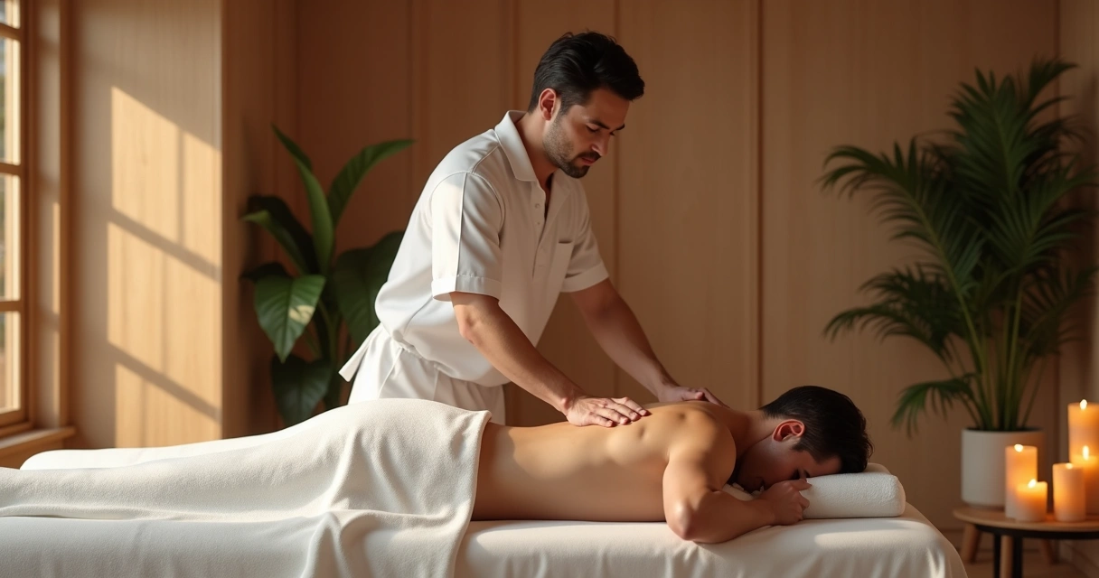 Massagista masculino realizando massagem terapêutica em cliente deitado em ambiente tranquilo e profissional 