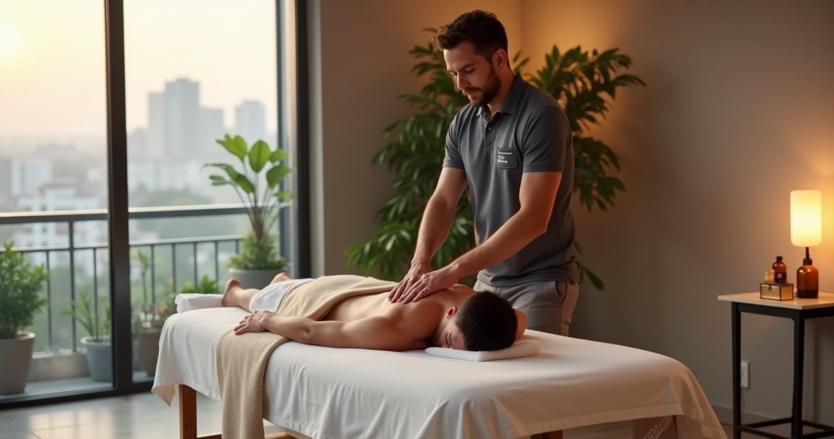 Massagista masculino atendendo cliente em spa moderno em São Paulo 
