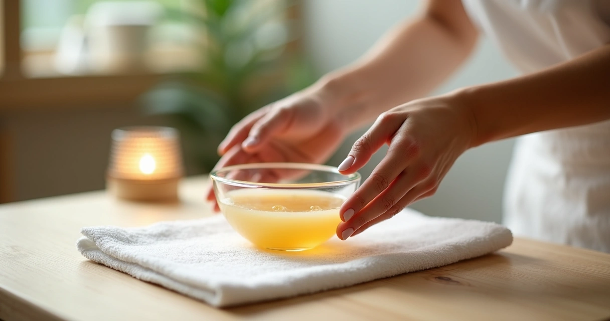 Massagista preparando gel de massagem nuru japonês em recipiente sobre toalha branca. 