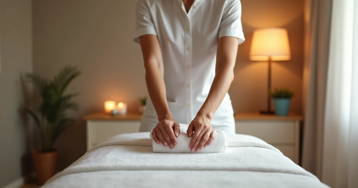 Massagista profissional preparando ambiente para sessão de massagem com toalha branca e iluminação suave 