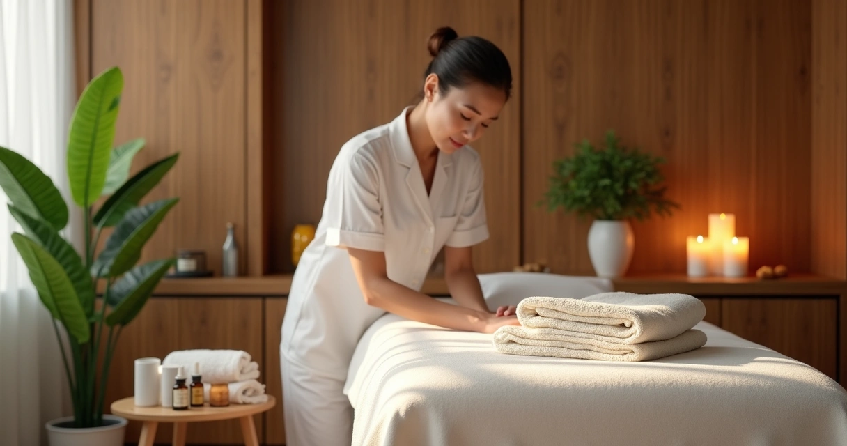 Profissional de massagem em ambiente tranquilo e organizado, com toques suaves de iluminação quente e produtos de massagem ao redor 