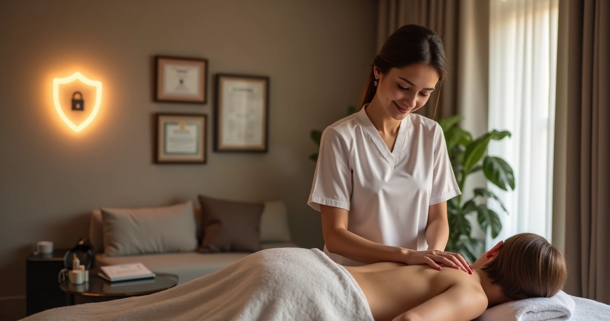 Massagista profissional realizando massagem relaxante em ambiente limpo e aconchegante com toques modernos e iluminação suave 