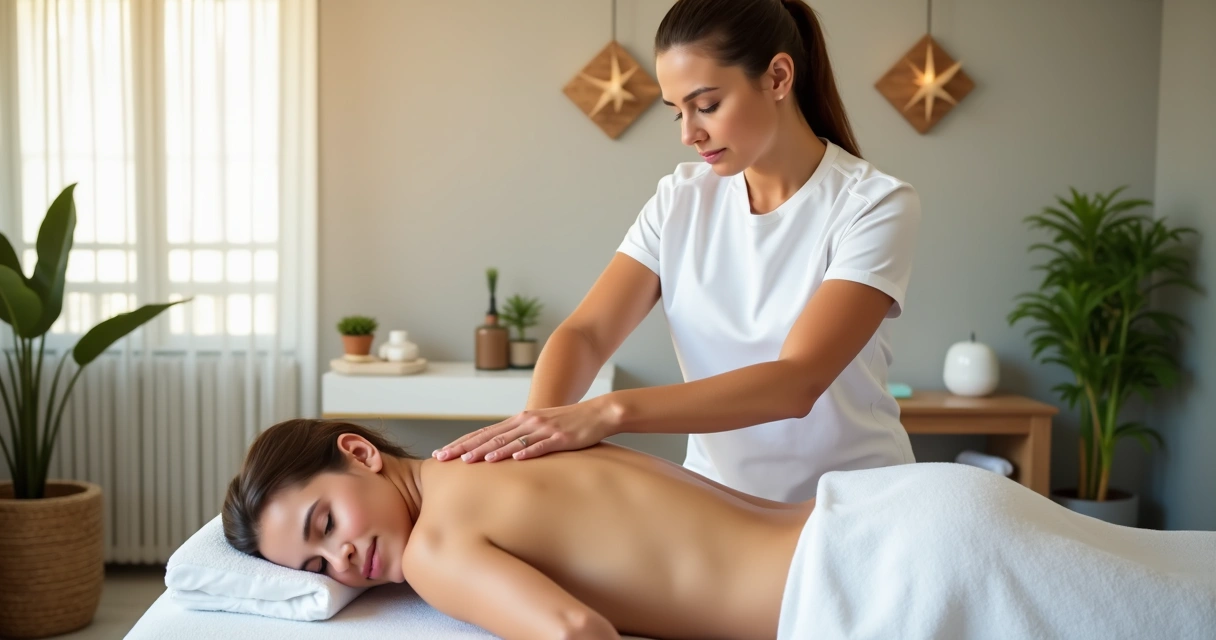 Massoterapeuta atendendo cliente em ambiente claro, calmo e profissional com decoração moderna e equipamentos de bem-estar 