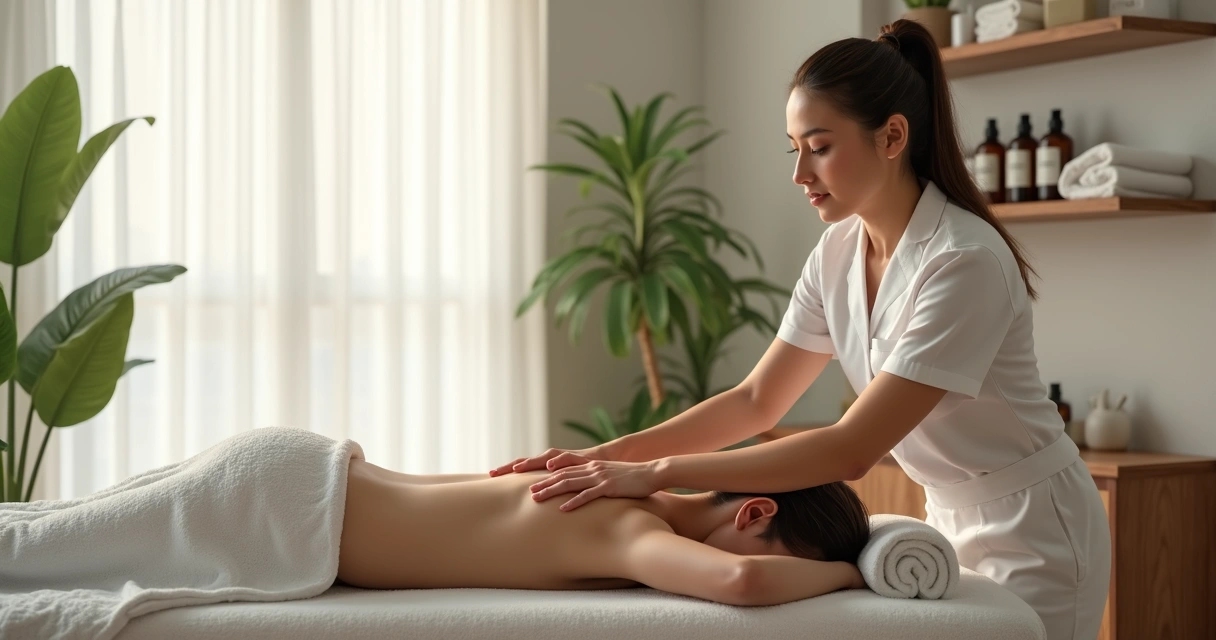 Massoterapeuta realizando massagem terapêutica em uma cliente deitada em uma maca em ambiente tranquilo e iluminado 