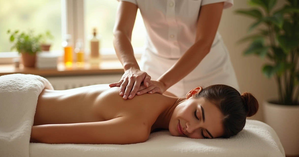 Massoterapeuta profissional aplicando massagem terapêutica nos ombros de uma cliente em ambiente relaxante e iluminado 