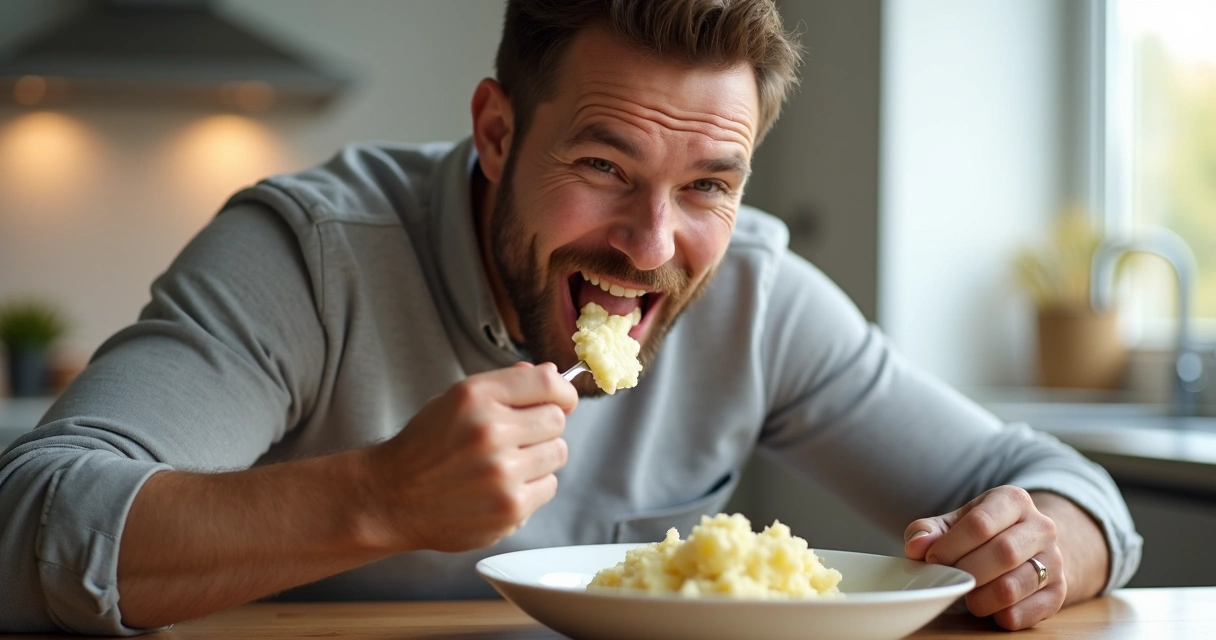 Homem mastiga cuidadosamente alimentos macios com prótese dental sobre implante 