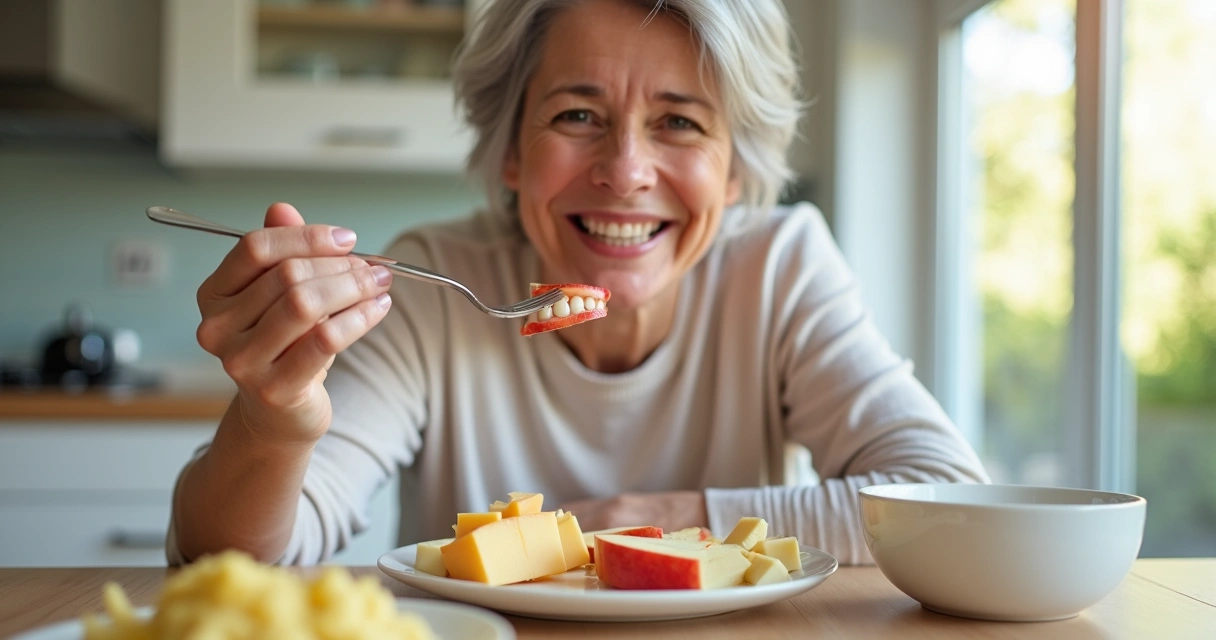 Pessoa com prótese flexível mastigando maçã cuidadosamente à mesa 