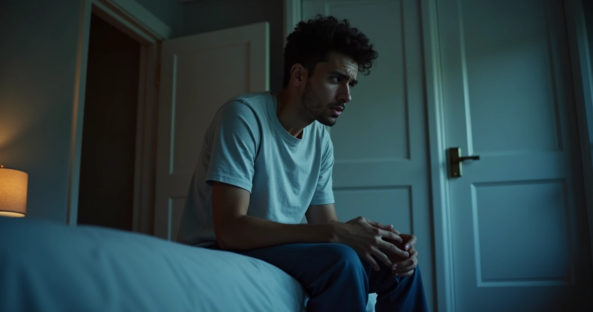 Homem sentado na cama parecendo apressado