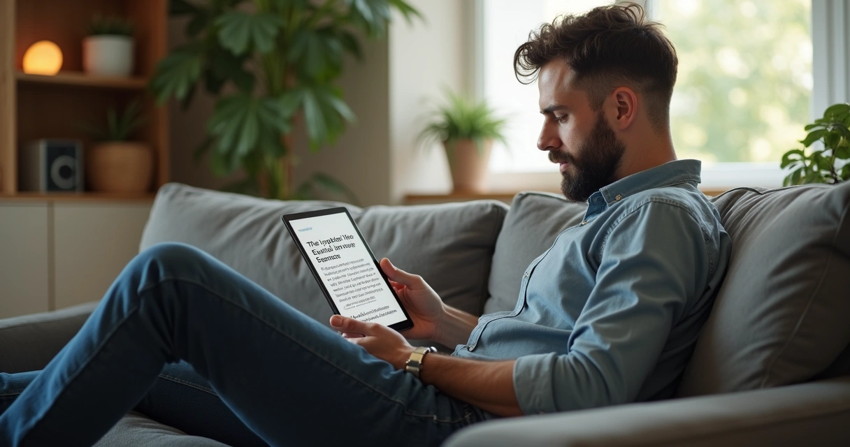 Homem lendo em tablet sobre saúde sexual masculina na sala de casa 