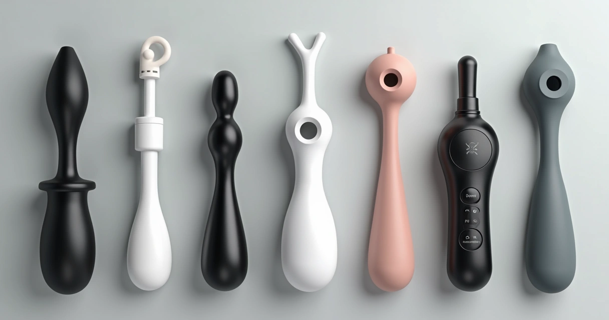 Vários tipos de masturbadores masculinos lado a lado em superfície cinza clara. 