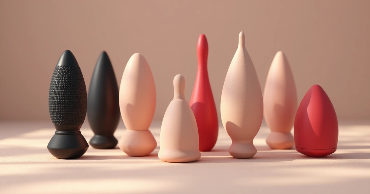 Diversos tipos de masturbadores masculinos exibidos sobre fundo neutro 