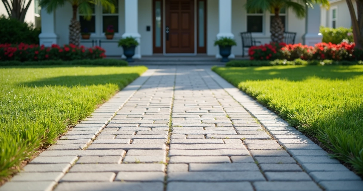 Modern paver walkway blending with concrete driveway in Florida. 