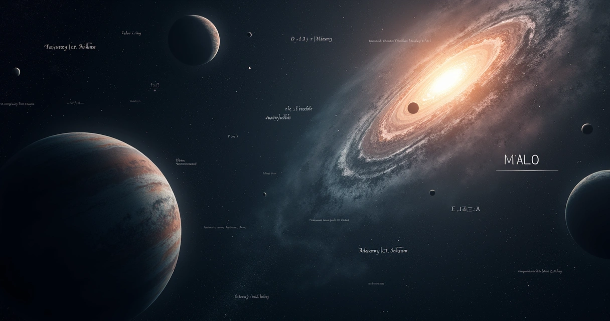 Fórmulas matemáticas projetadas sobre planetas distantes e uma estrela brilhante ao fundo. 