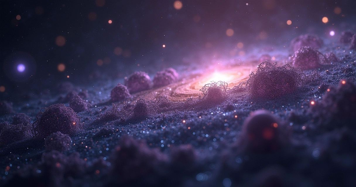 Representação artística da matéria escura formando estruturas invisíveis no universo