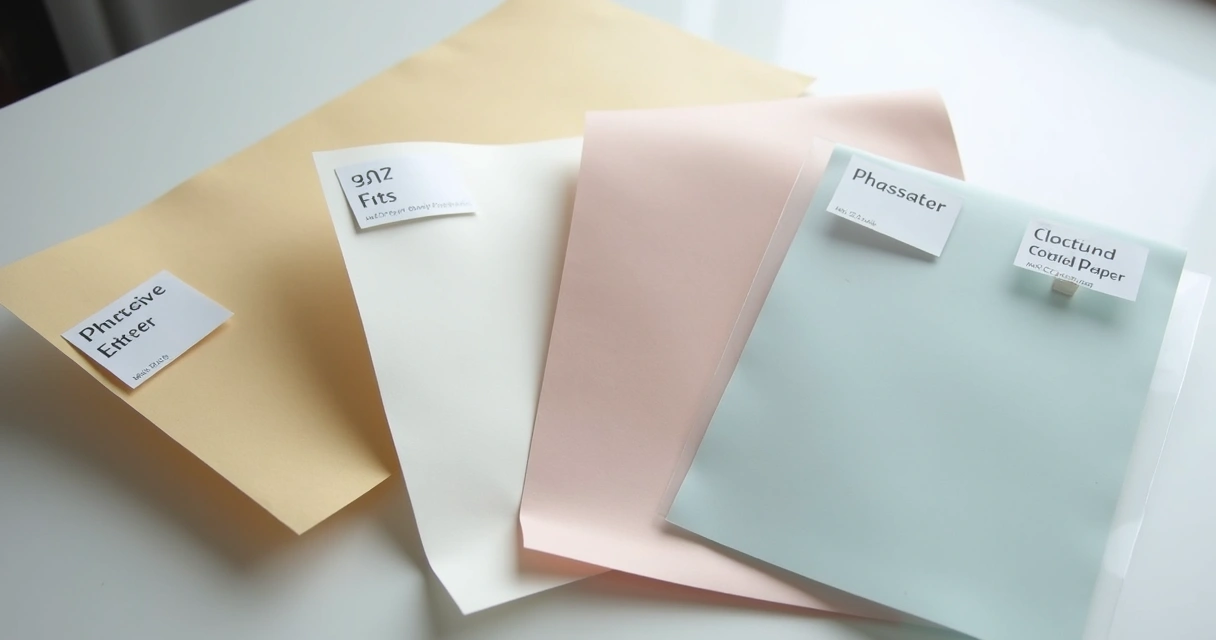 Detalhe de diferentes materiais para adesivos, destacando vinil, papel couchê, poliéster e PVC 