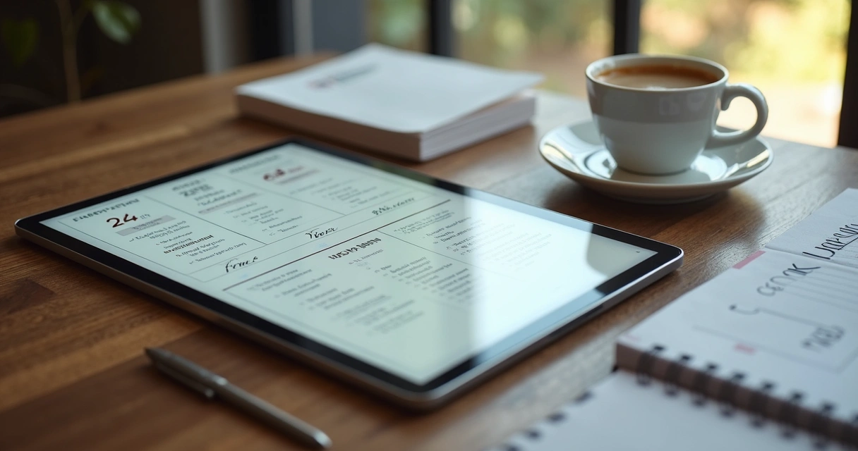 Materiais de estudo digitais organizados ao redor de tablet 