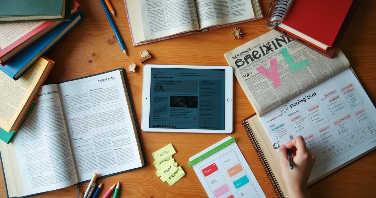 Livros, jornais e tablet com conteúdos diversos em inglês e português. 