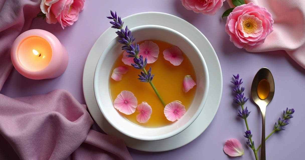 Banho energético feito com rosas, lavanda e mel em uma bacia branca vista de cima 