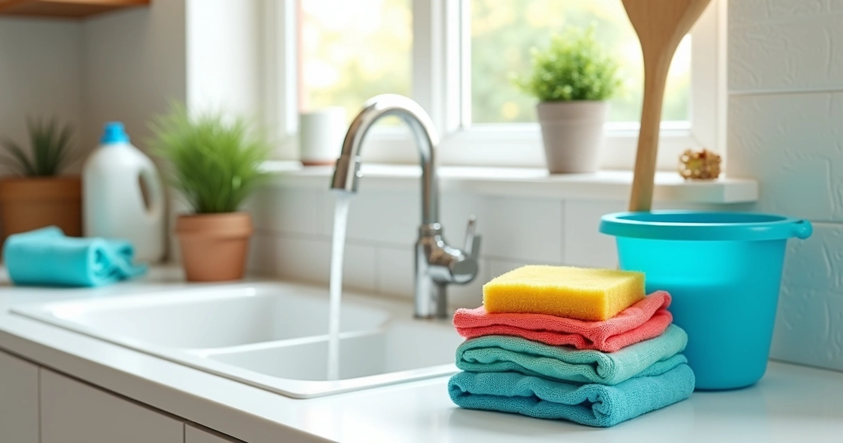 Itens de limpeza doméstica sobre a pia da cozinha, incluindo panos, vassoura, balde e detergente 