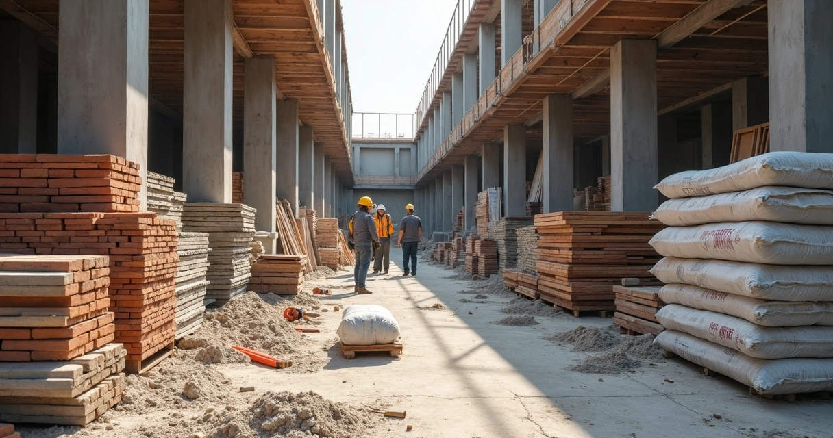 Materiais variados empilhados em canteiro de obra 