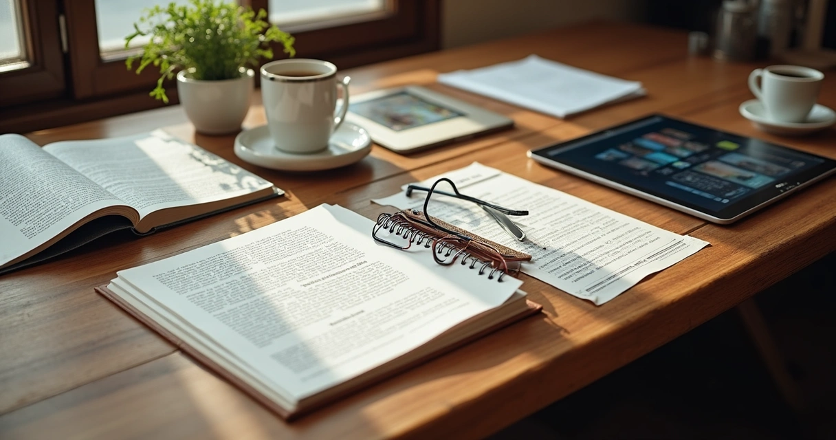 Materiais de conteúdo em diferentes formatos em mesa de trabalho