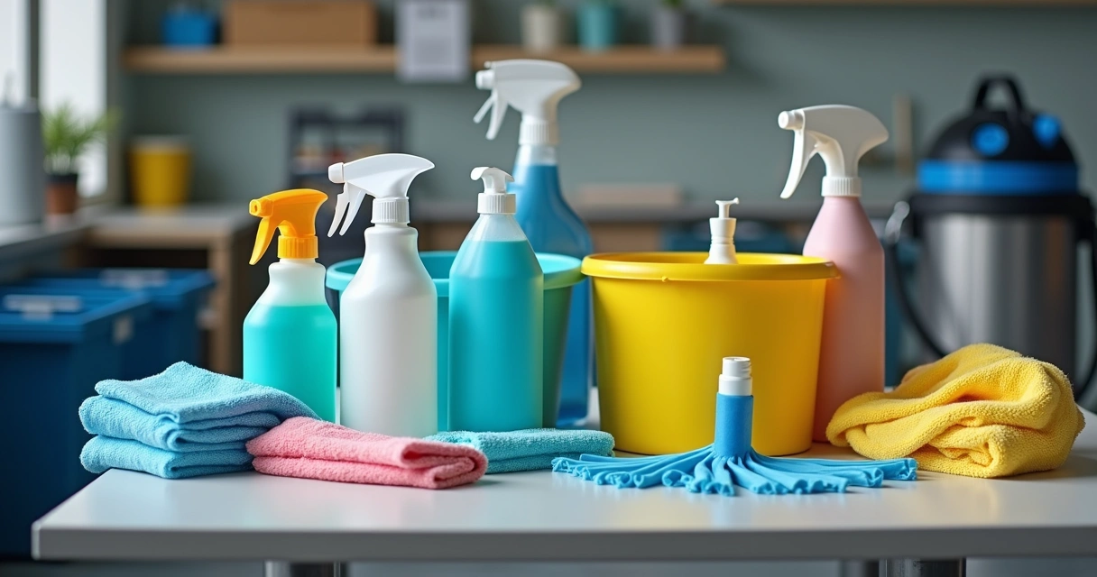 Equipamentos e produtos de limpeza organizados em bancada 