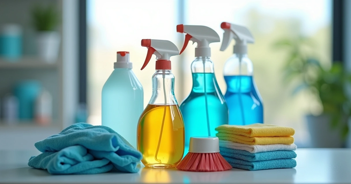 Produtos e materiais de limpeza sobre bancada de hospital 