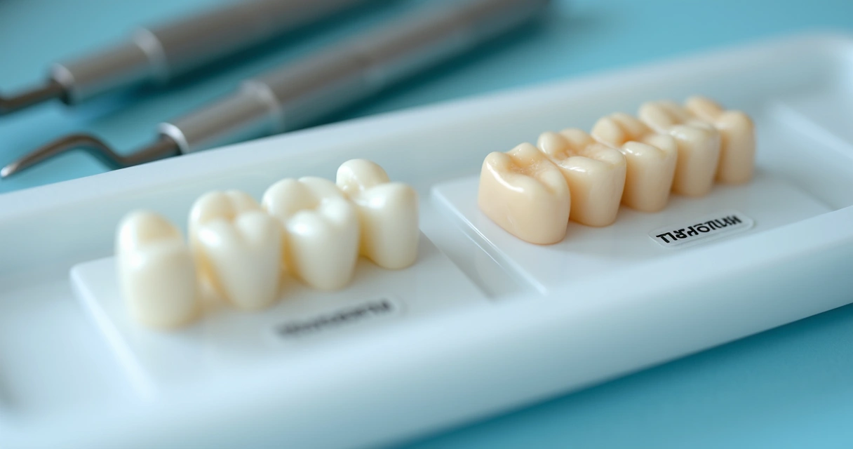 Lentes de contato dental de porcelana e resina sobre bancada 