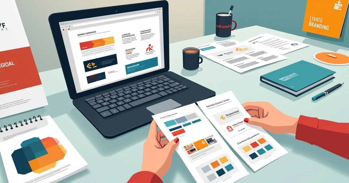 Materiais digitais com elementos visuais de identidade, notebook, cores e logos em tela 