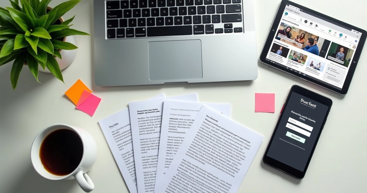 Diversos materiais digitais organizados em mesa clara 